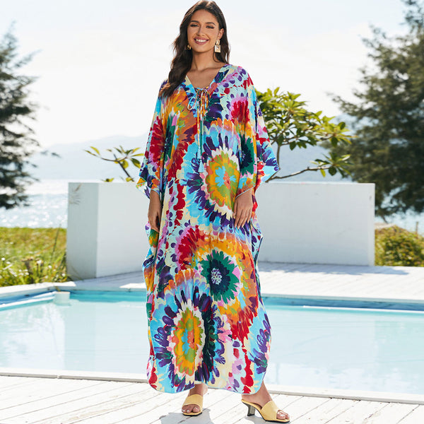Boho Printed Lace Up V Neck Kimono Sleeve Brazilian Beach Cover Up