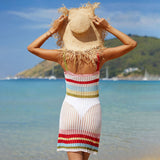 Boho Rainbow Striped Open Knit Crochet Brazilian Beach Mini Cover Up Dress