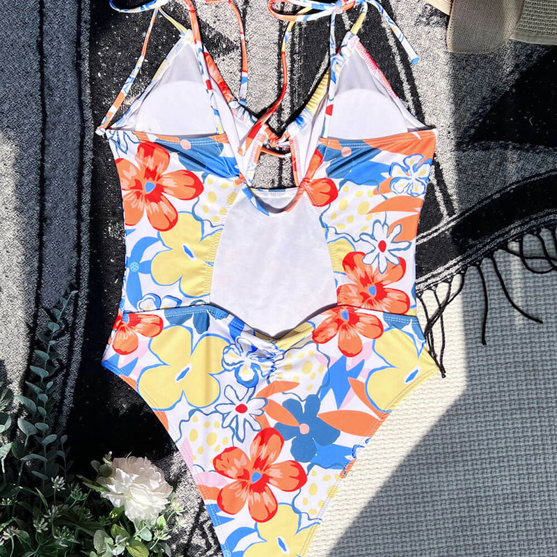 Boho Style Floral Print Tie Front Cutout Cheeky Brazilian One Piece Swimsuit