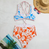 Boho Style Floral Printed Color Panel Cutout Halter Monokini Brazilian One Piece Swimsuit