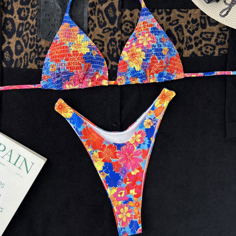 Boho Style Floral Printed High Leg Cheeky Shirred Triangle Brazilian Two Piece Bikini Swimsuit