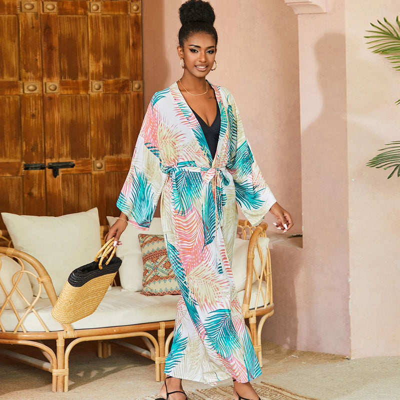 Boho Style Printed Open Front 3/4 Sleeve Belted Beach Cover Up