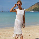 Boho Wavy Crochet Fringe Sleeveless Brazilian Beach Midi Cover Up Dress