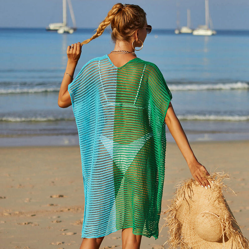 Bold Contrast Color Open Front Sheer Crochet Knit Brazilian Beach Cover Up