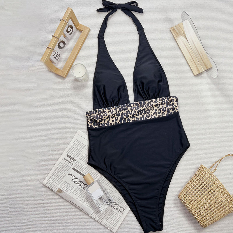 Bold Leopard Print High Cut Cheeky Plunge Halter Brazilian One Piece Swimsuit