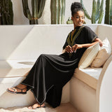 Bold V Neck Chevron Embroidered Oversized Caftan Beach Cover Up Maxi Dress