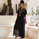 Bold V Neck Chevron Embroidered Oversized Caftan Beach Cover Up Maxi Dress