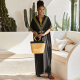 Bold V Neck Chevron Embroidered Oversized Caftan Beach Cover Up Maxi Dress