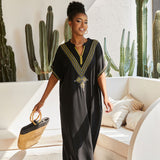 Bold V Neck Chevron Embroidered Oversized Caftan Beach Cover Up Maxi Dress