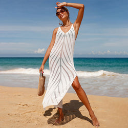 Breezy Chevron Open Knit Split Brazilian Beach Crochet Cover Up Midi Dress