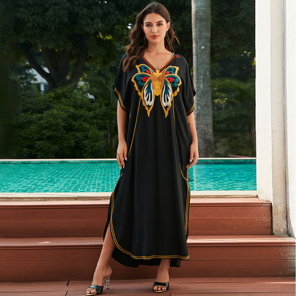 Butterfly Embroidered V Neck Short Sleeve Split Caftan Beach Cover Up