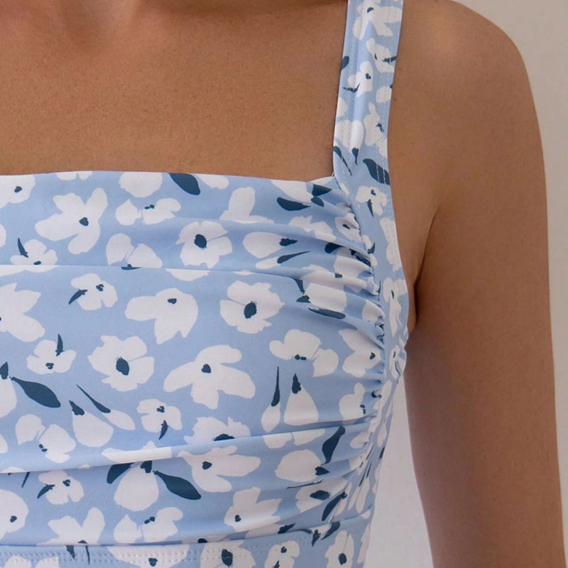 Chic Floral Print Modest Suspender Strap Ruched Brazilian One Piece Swimsuit