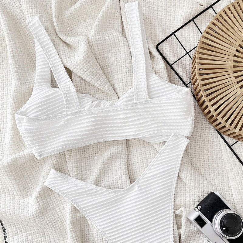 Chic Ribbed High Cut Cheeky Twist Bralette Brazilian Two Piece Bikini Swimsuit