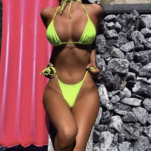 Classic Tie Side Thong Sliding Triangle Halter Brazilian Two Piece Bikini Swimsuit