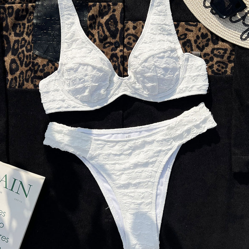 Classy Textured High Cut Cheeky Underwire Brazilian Two Piece Bikini Swimsuit