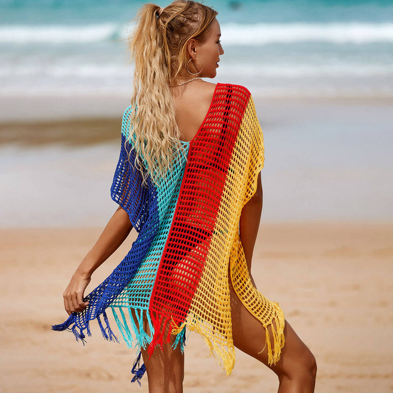 Color Block Fringe Deep V Crochet Knit Brazilian Mini Beach Cover Up