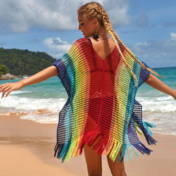 Color Block Fringe Deep V Crochet Knit Brazilian Mini Beach Cover Up
