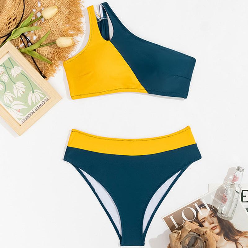 Color Block High Waist Cutout One Shoulder Brazilian Two Piece Bikini Swimsuit