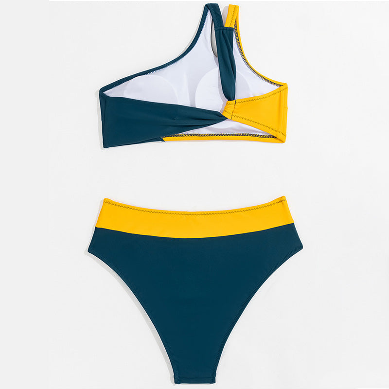 Color Block High Waist Cutout One Shoulder Brazilian Two Piece Bikini Swimsuit