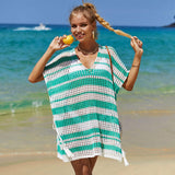 Color Block Striped Lace Up Sheer Crochet Knit Brazilian Beach Mini Cover Up