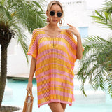 Color Block Striped Lace Up Sheer Crochet Knit Brazilian Beach Mini Cover Up