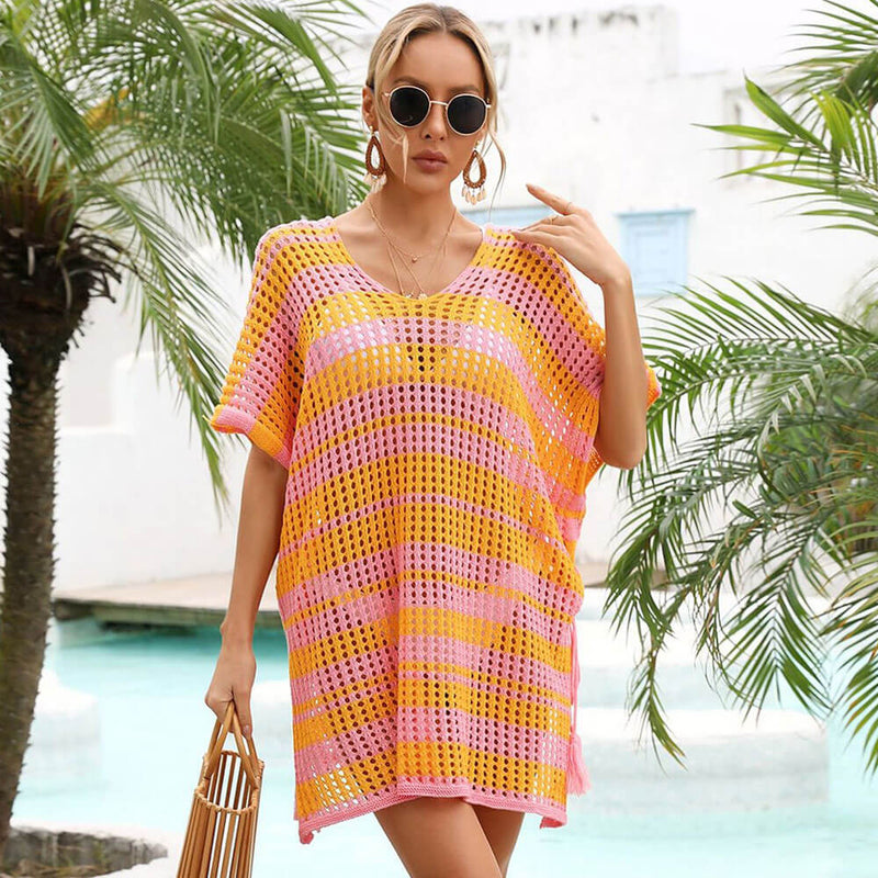 Color Block Striped Lace Up Sheer Crochet Knit Brazilian Beach Mini Cover Up