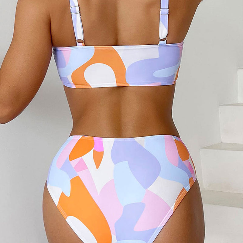 Colorful Color Panel Moderate Bralette Brazilian Two Piece Bikini Swimsuit