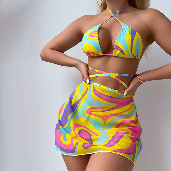 Colorful High Leg Cheeky Wrap Triangle Halter Brazilian Three Piece Bikini Swimsuit