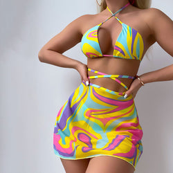 Colorful Print Cheeky Wrap Around Triangle Brazilian Three Piece Bikini Swimsuit