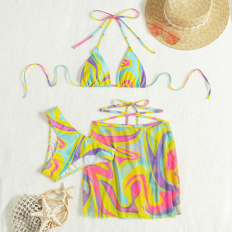 Colorful Print Cheeky Wrap Around Triangle Brazilian Three Piece Bikini Swimsuit