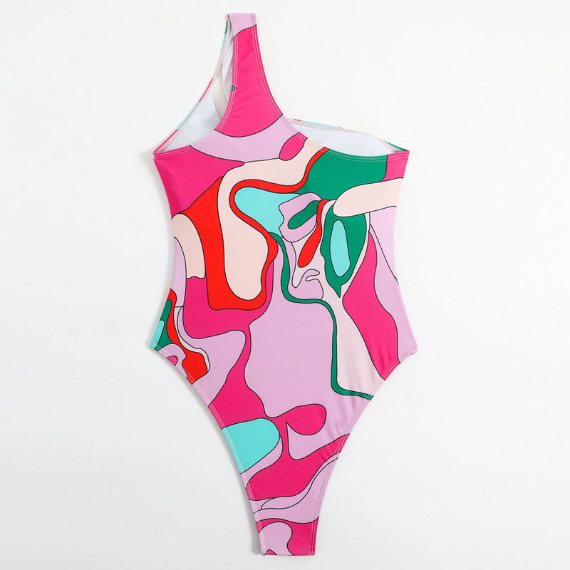 Colorful Print Panel Sheer Mesh One Shoulder Brazilian One Piece Swimsuit