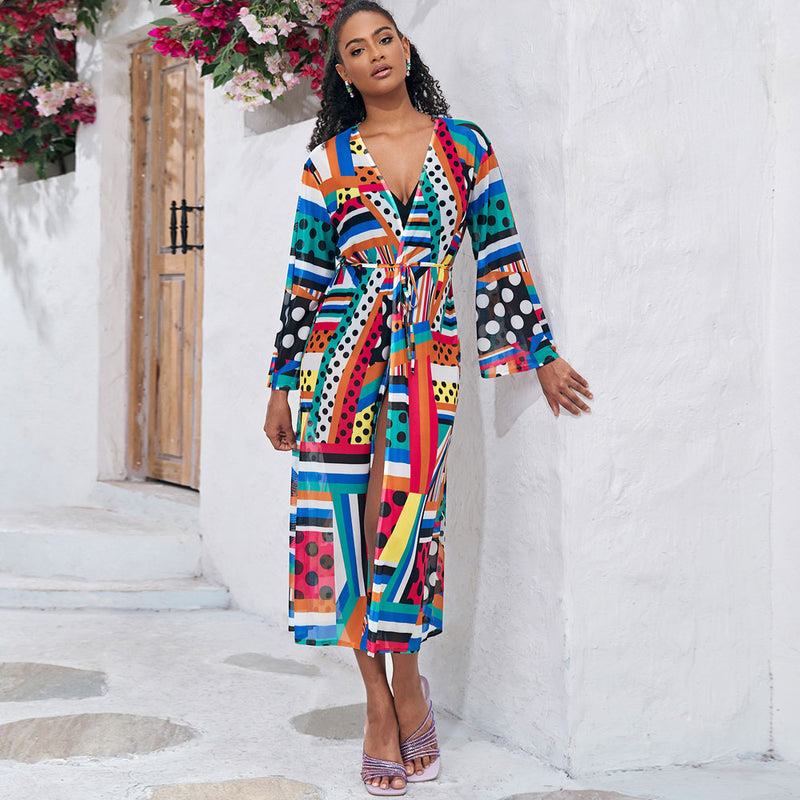 Colorful Printed Mesh Belted Kimono Sleeve Brazilian Beach Cover Up