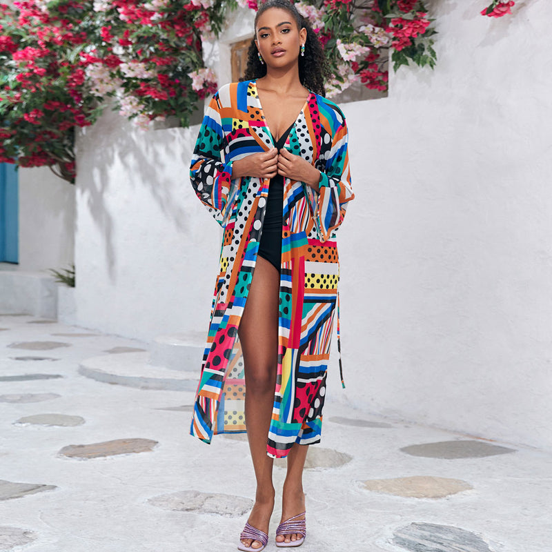 Colorful Printed Mesh Belted Kimono Sleeve Brazilian Beach Cover Up