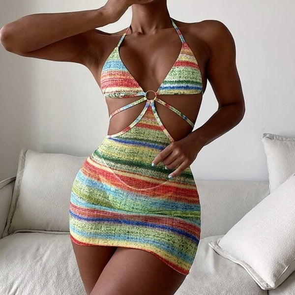Colorful Sheer Striped Print Cut Out Halter High Cut Brazilian Two Piece Bikini Swimsuit