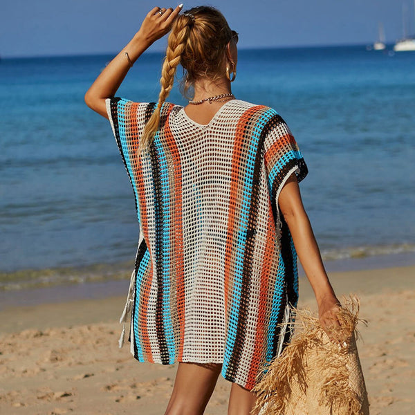 Colorful Striped Lace Up Split Semi Sheer Crochet Brazilian Beach Tunic Cover Up