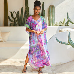 Colorful Tie Dye Print V Neck Short Sleeve Brazilian Caftan Cover Up Maxi Dress