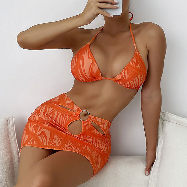 Contrast Cutout O Ring Triangle Halter Side String Brazilian Three Piece Bikini Swimsuit