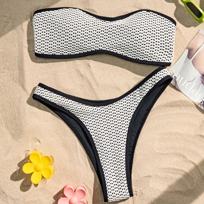 Contrast High Leg Cheeky Fishnet Bandeau Brazilian Two Piece Bikini Swimsuit