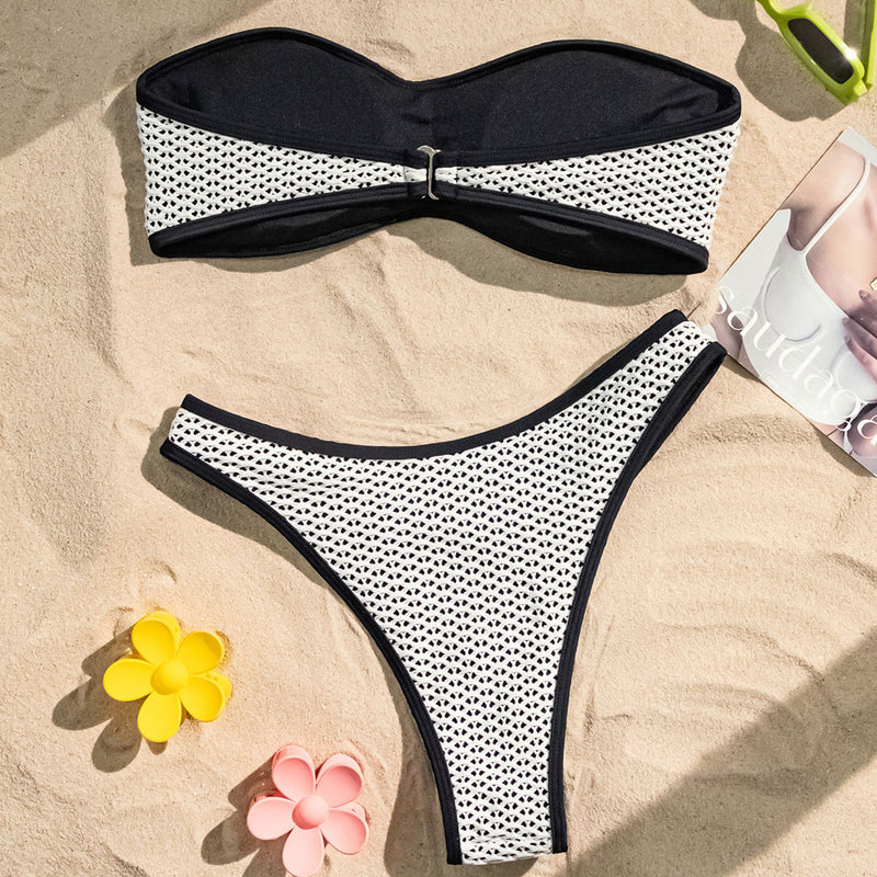 Contrast High Leg Cheeky Fishnet Bandeau Brazilian Two Piece Bikini Swimsuit