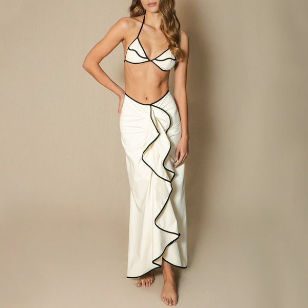 Contrast Ruffle Skirt Tie Side Triangle Halter Brazilian Three Piece Bikini Swimsuit