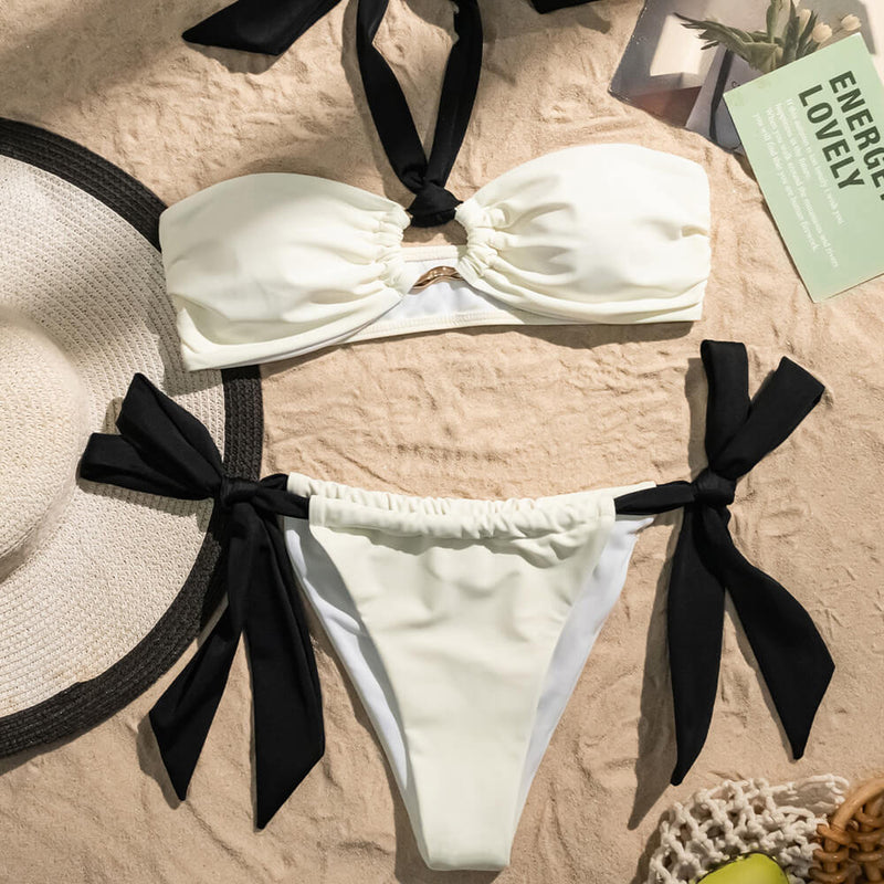 Contrast Tie Side O Ring Halter Bandeau Brazilian Two Piece Bikini Swimsuit