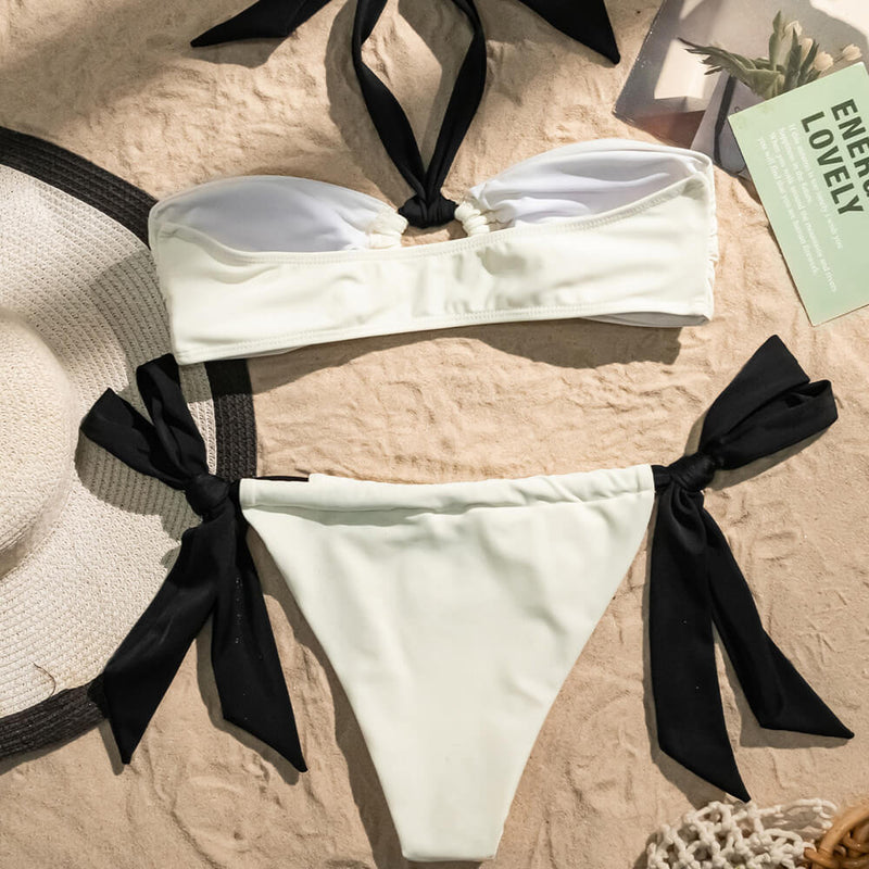 Contrast Tie Side O Ring Halter Bandeau Brazilian Two Piece Bikini Swimsuit