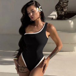 Contrast Trim One Shoulder Moderate Ribbed Knit Brazilian One Piece Swimsuit