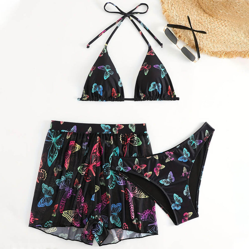 Cute Butterfly Low Rise Cheeky Triangle Brazilian Three Piece Bikini Swimsuit