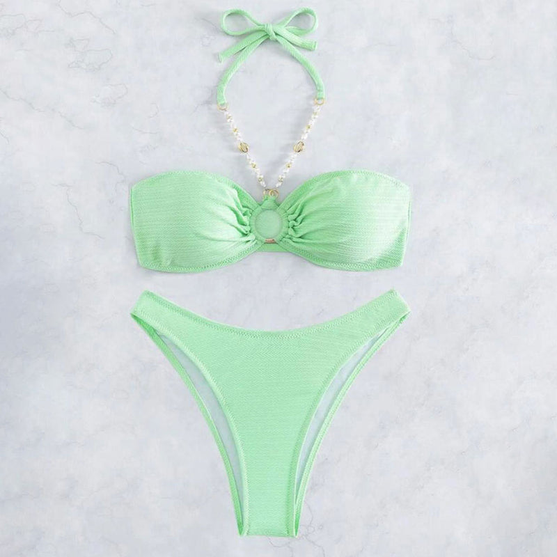 Cute O Ring High Cut Cheeky Beaded Haler Brazilian Two Piece Bikini Swimsuit