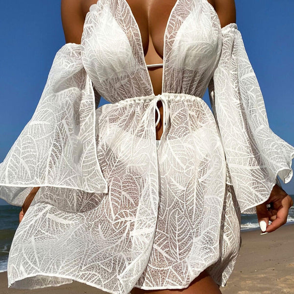 Cute Palm Leaf Pattern Lace Bell Sleeve Tie Front Halter Brazilian Mini Cover Up