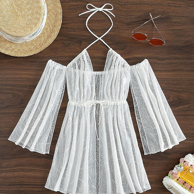 Cute Palm Leaf Pattern Lace Bell Sleeve Tie Front Halter Brazilian Mini Cover Up