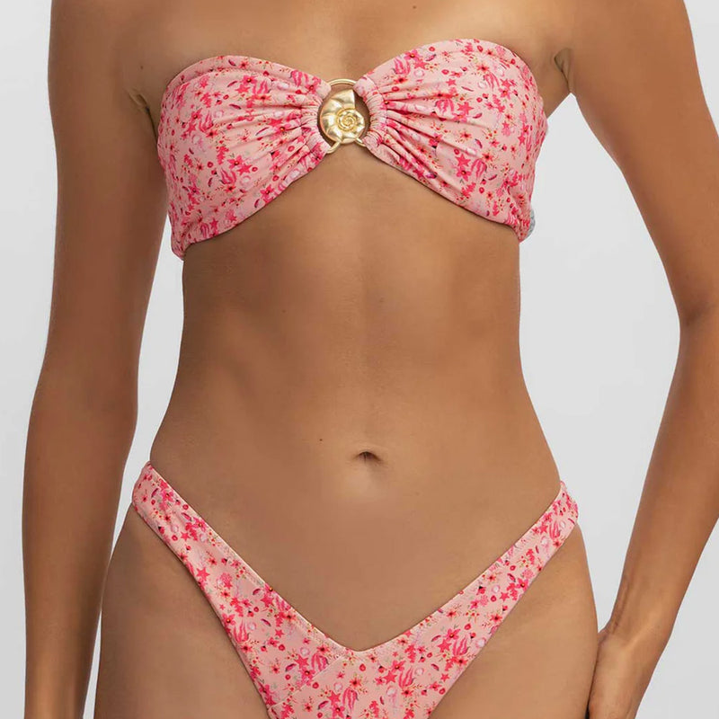 Cute Print High Cut Metallic Sea Snail Bandeau Brazilian Two Piece Bikini Swimsuit