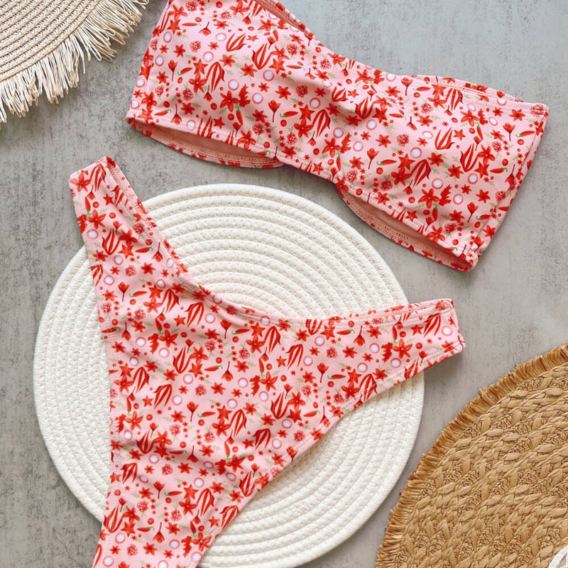 Cute Print High Cut Metallic Sea Snail Bandeau Brazilian Two Piece Bikini Swimsuit