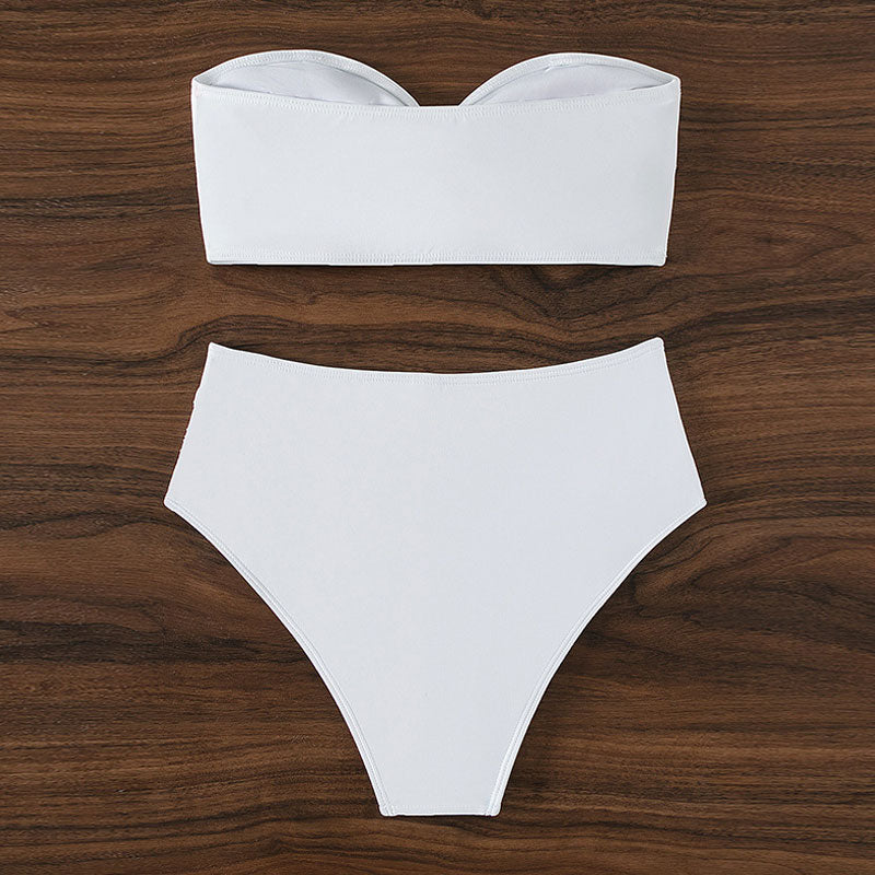 Cute Rosette High Waist Moderate Bandeau Brazilian Two Piece Bikini Swimsuit